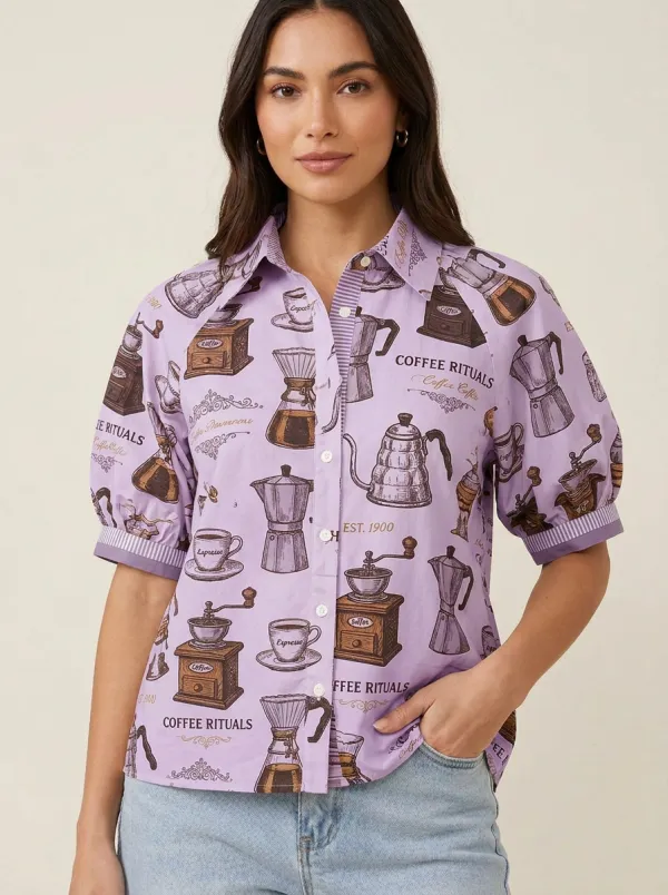 Women's Coffee Lover Coffee Rituals Pattern Printed Shirt