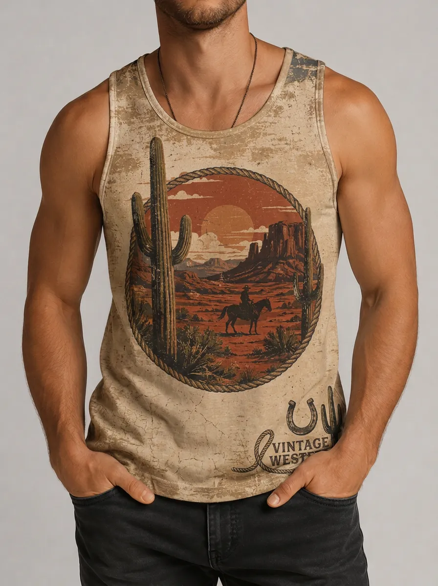 Men's Western Cowboy Cactus Desert Printed Tank Top
