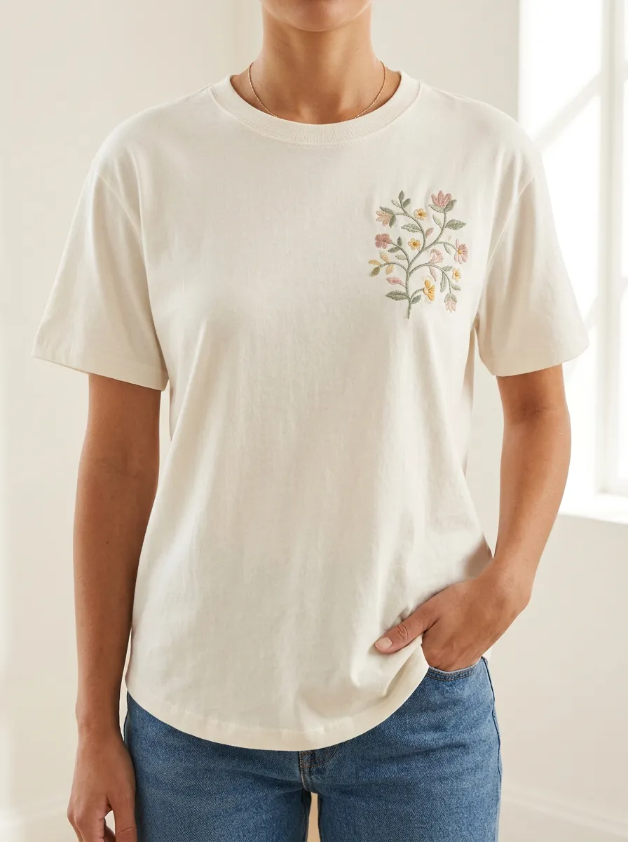 Weekend Ready Floral Print Embroidered Detail Women's Short Sleeve T Shirt