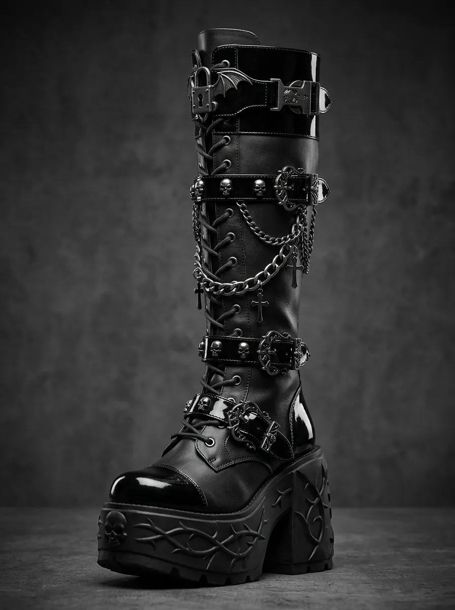 Darkwear Skull Cross Chain Profile Women's Gothic Platform Boots