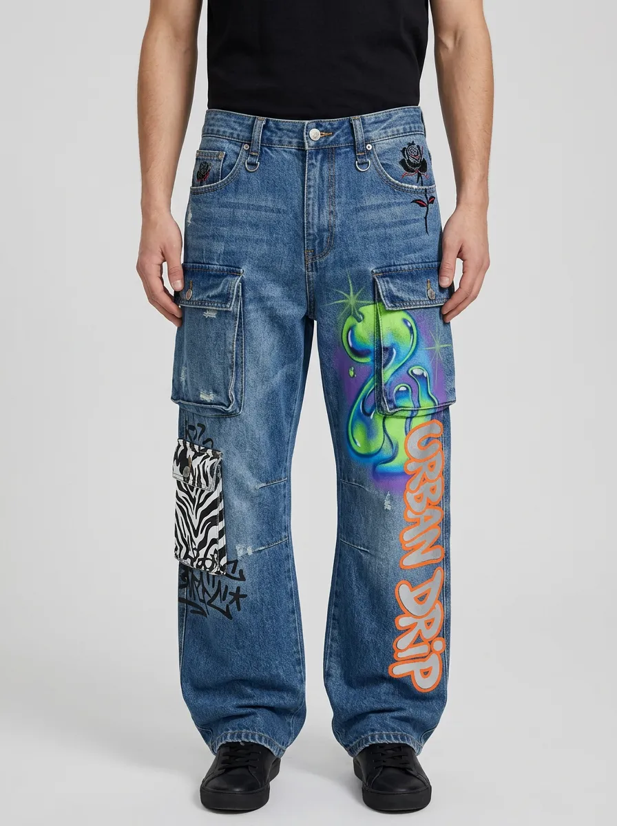 Men's Streetwear Urban Drip Graffiti Rose Zebra Graphic Cargo Jeans
