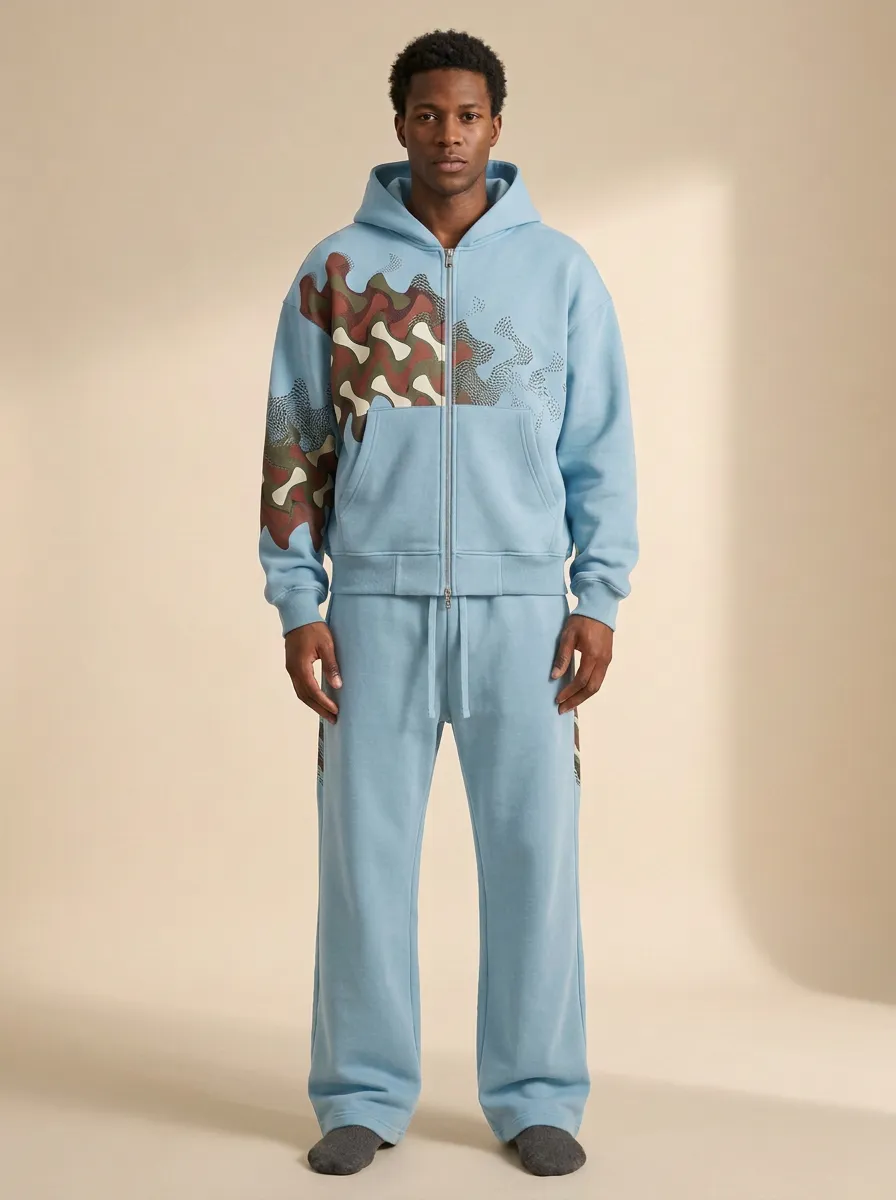 Men's Streetwear Geometric Wave Printed Zip-up Hoodie Jogger Set