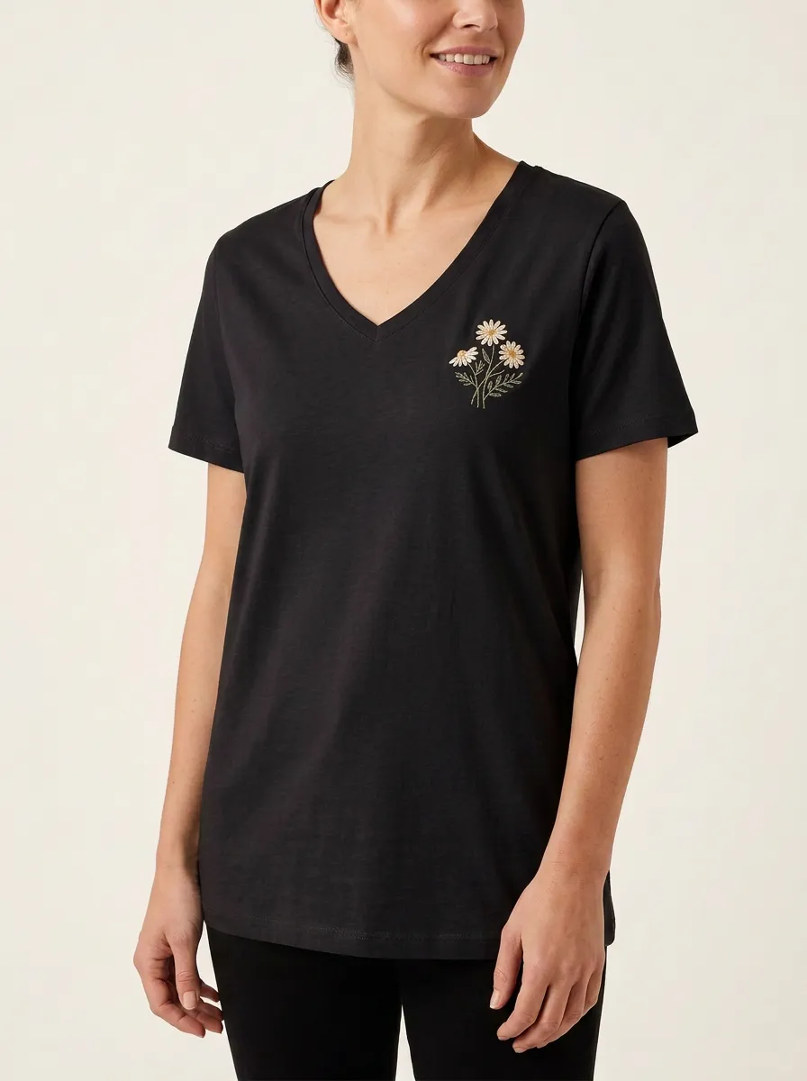 Women's Floral-Embroidered Short-Sleeve V-Neck T-Shirt