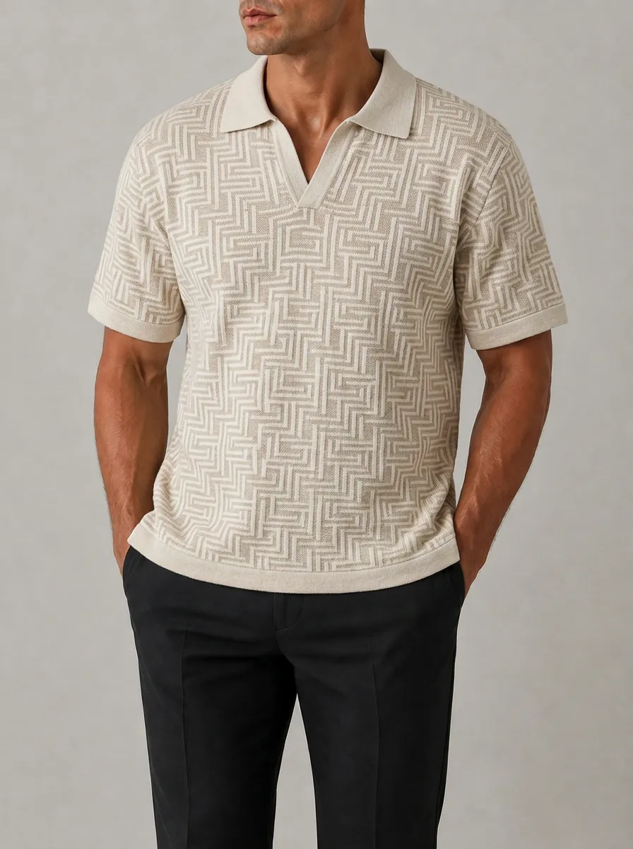 Men's Geometric Pattern Knit Polo Shirt with Short Sleeves and Jacquard Texture