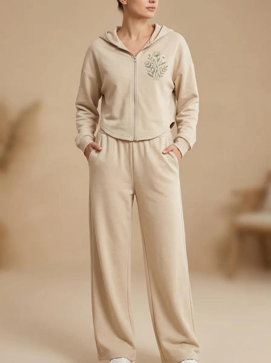 Women's Floral Embroidered Cropped Zip-Up Hoodie And Wide-Leg Trouser Lounge Set