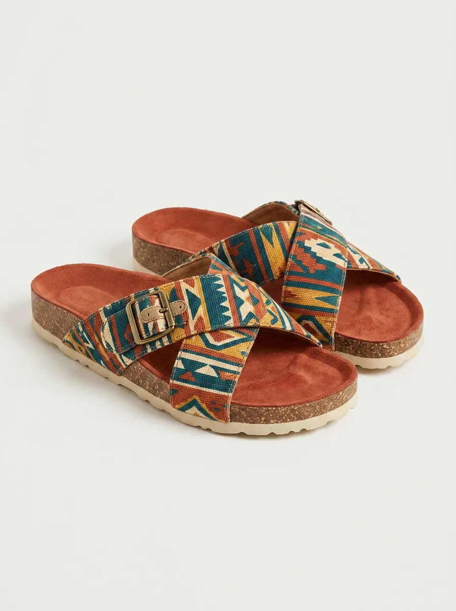 Everyday S Boho Geometric Pattern Printed Cork Sandals