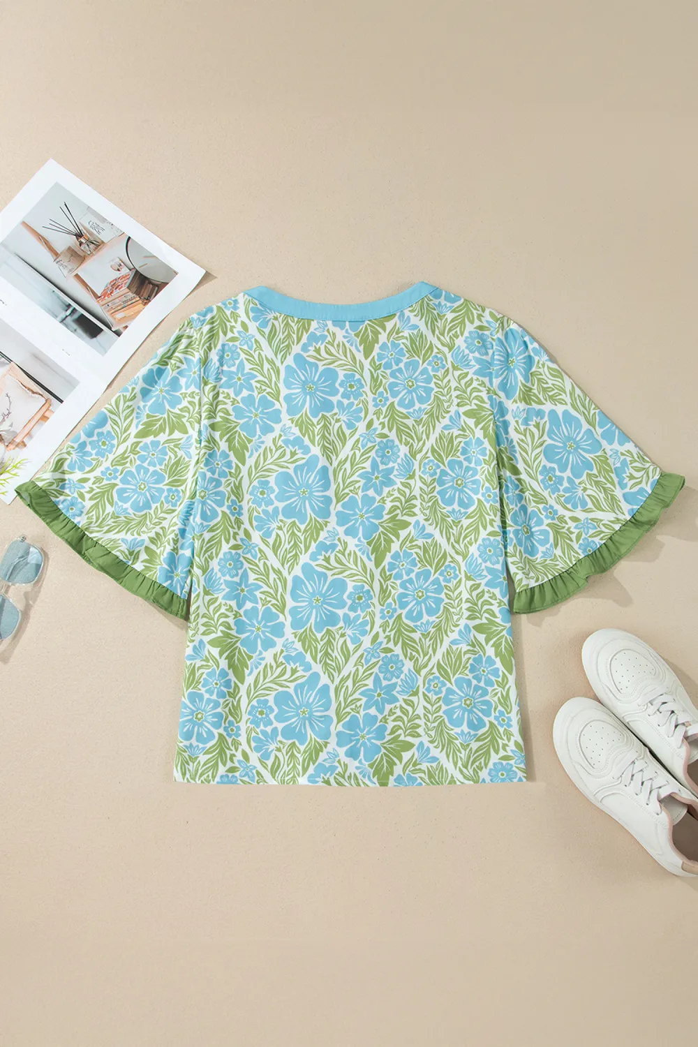 Sky Blue Floral Print Ruffled Blouse