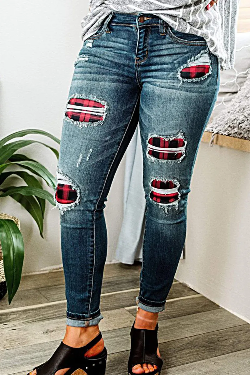 Plaid Panel Patched Mid Rise Skinny Jeans
