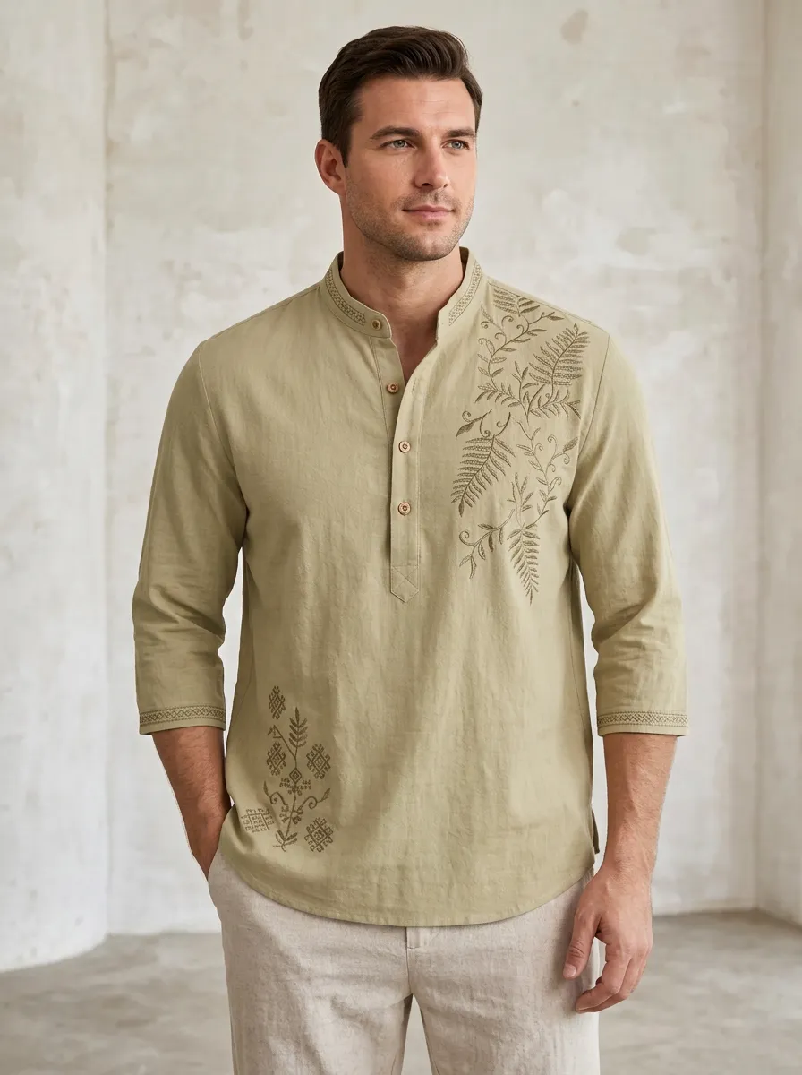 Men's Botanical Fern Embroidered Linen Shirt