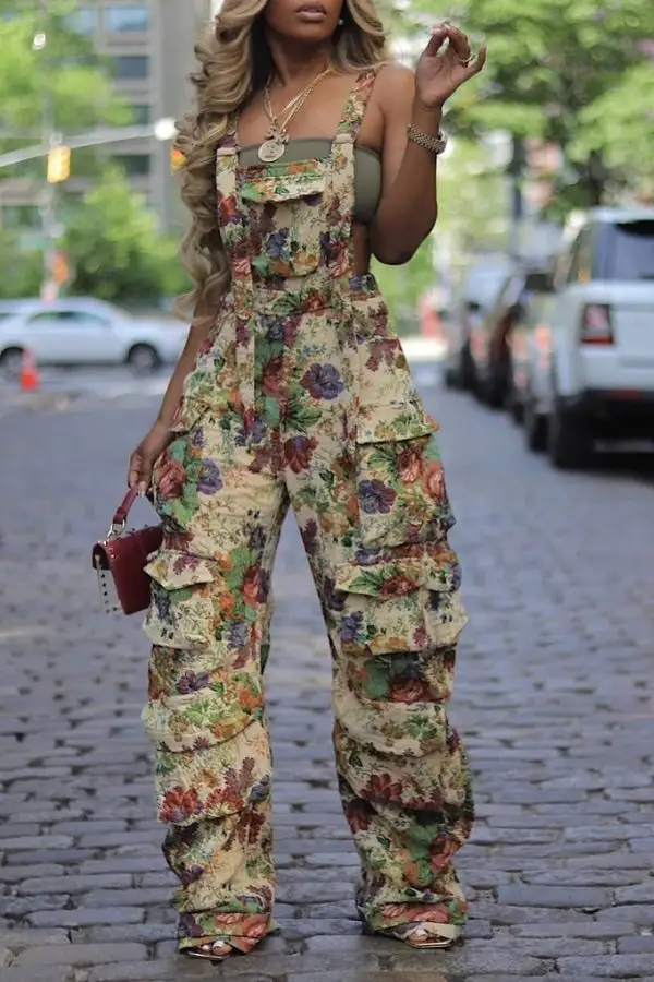 Floral Print Suspenders Pocket Jumpsuit