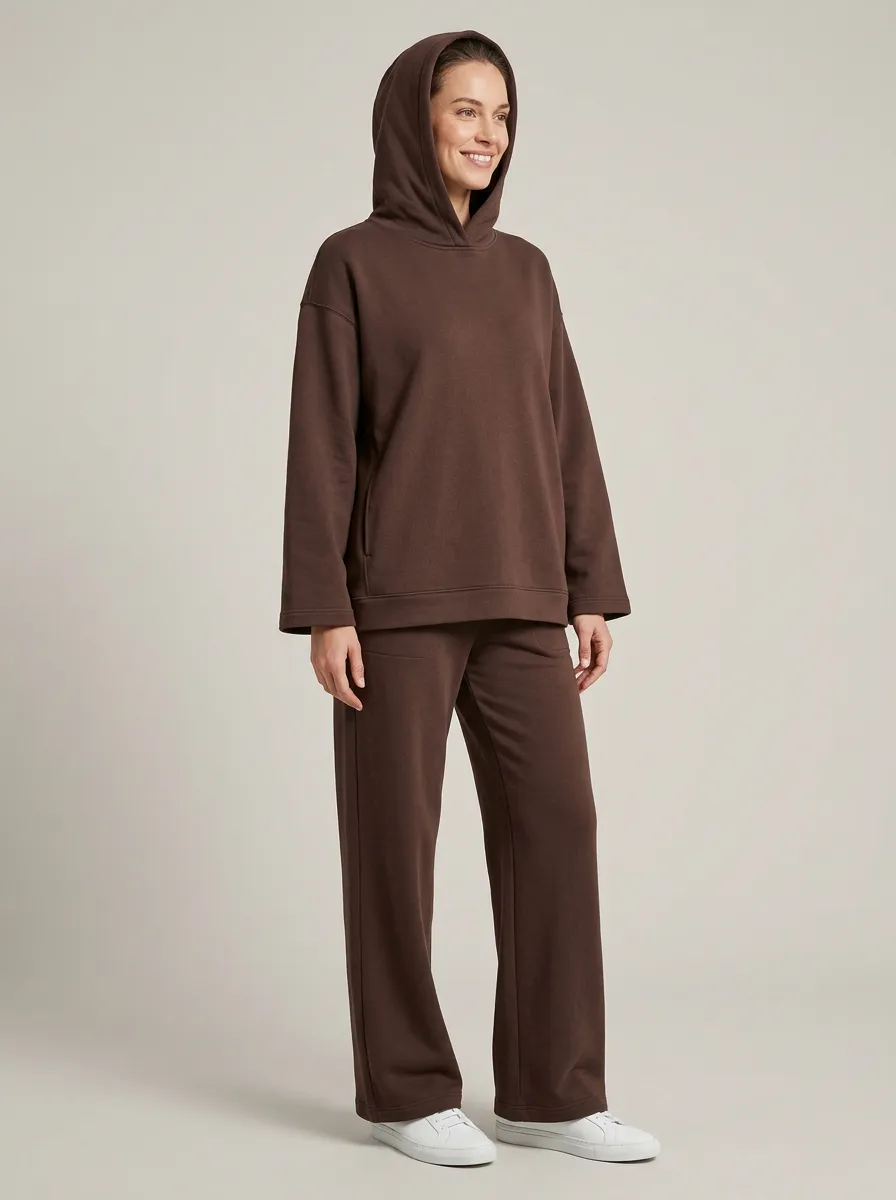 Women's Crossover-Neck Hooded Pullover and Wide-Leg Trouser Set