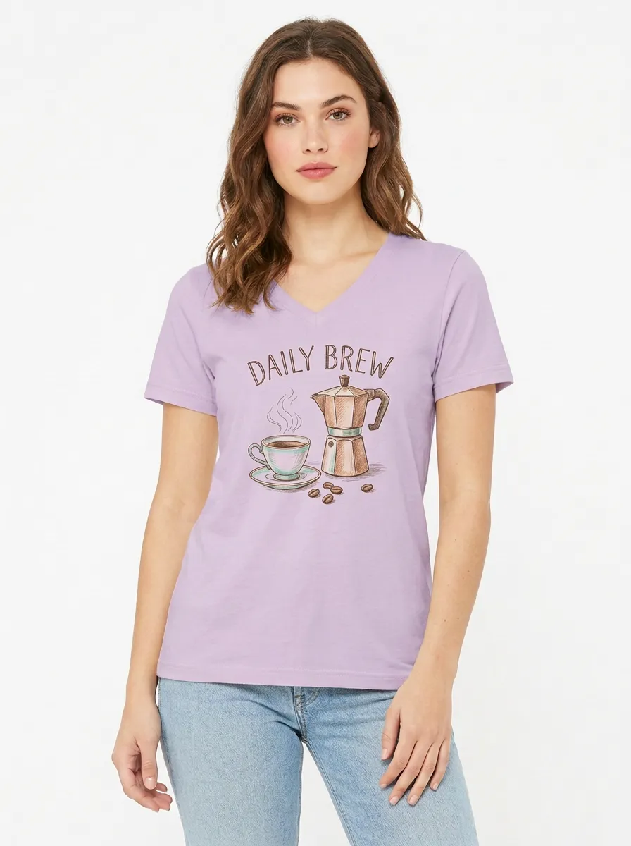 Women's Coffee Daily Brew Moka Pot Graphic V-Neck T-Shirt