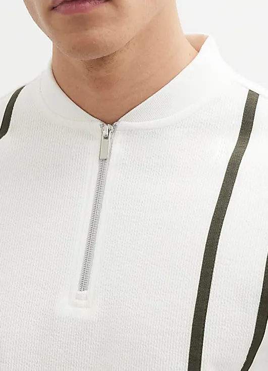Men's White Slim Fit Striped Zip-Neck Polo Shirt