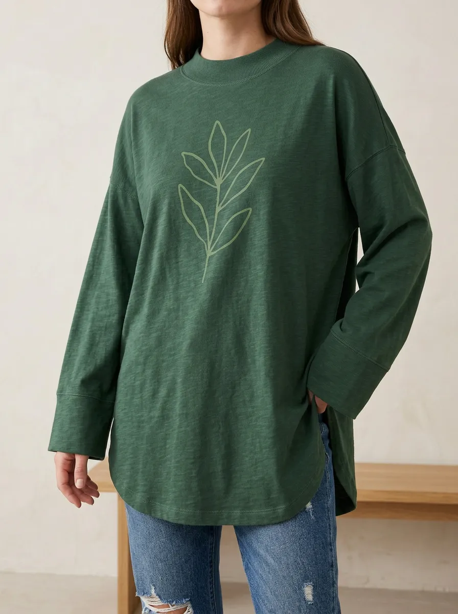 High Neck Graphic Print Women's Long Sleeve Tee