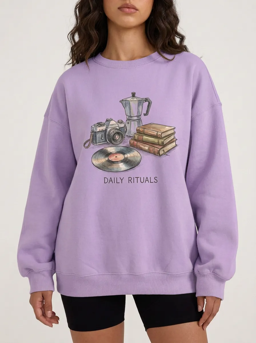 Women's Daily Rituals Camera Coffee Book Vinyl Printed Sweatshirt