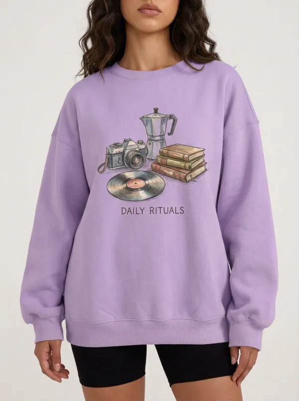 Women's Daily Rituals Camera Coffee Book Vinyl Printed Sweatshirt