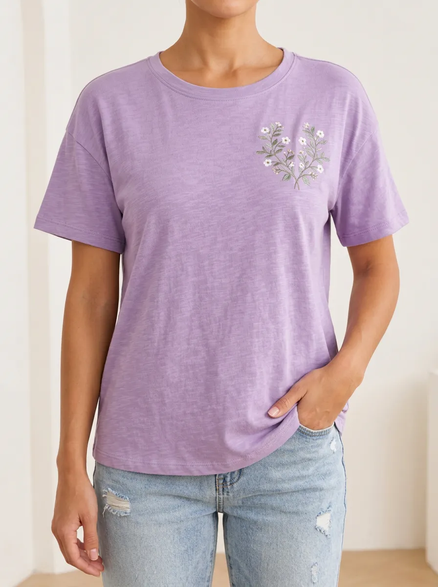 Everyday Floral Print Embroidered Detail Women's Short Sleeve Casual Top