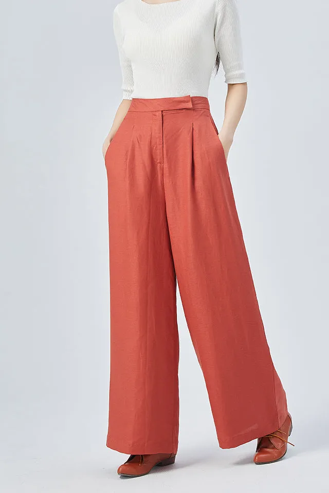 Structured Linen Wide Leg High Waist Pocketed Trousers