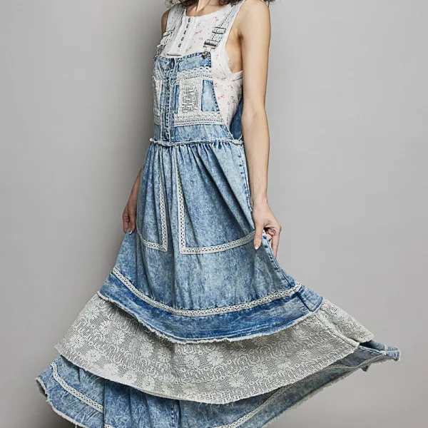 Lace Detail Denim Ruffle Detail Overall Dress