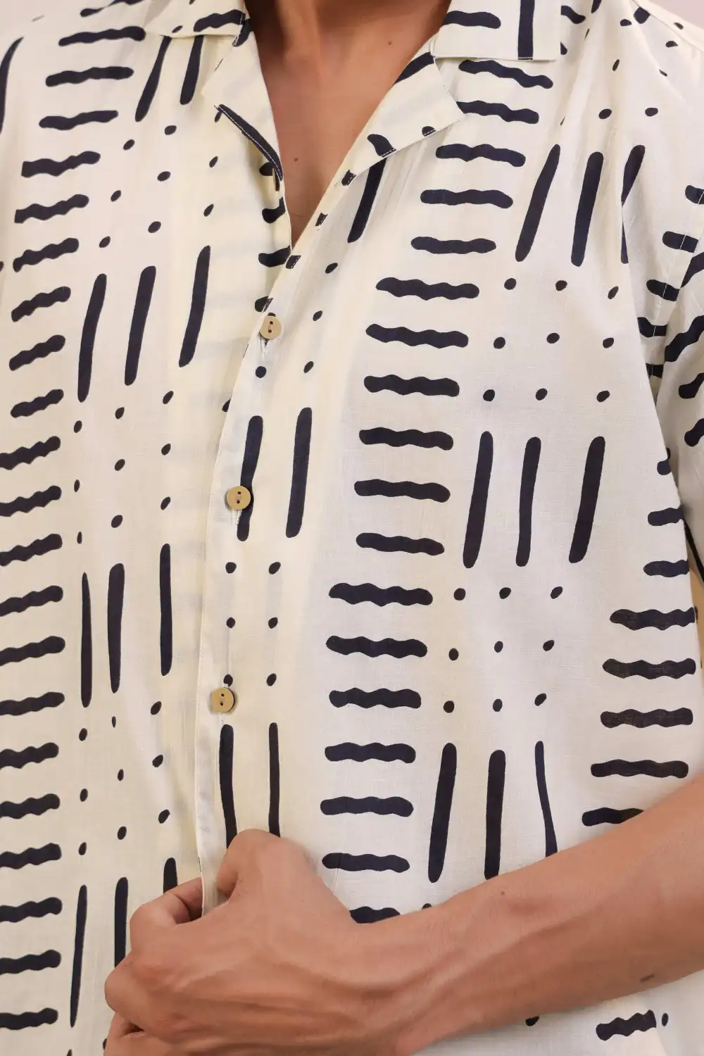 White Abstract Mulmul Cotton Camp Collar Shirt