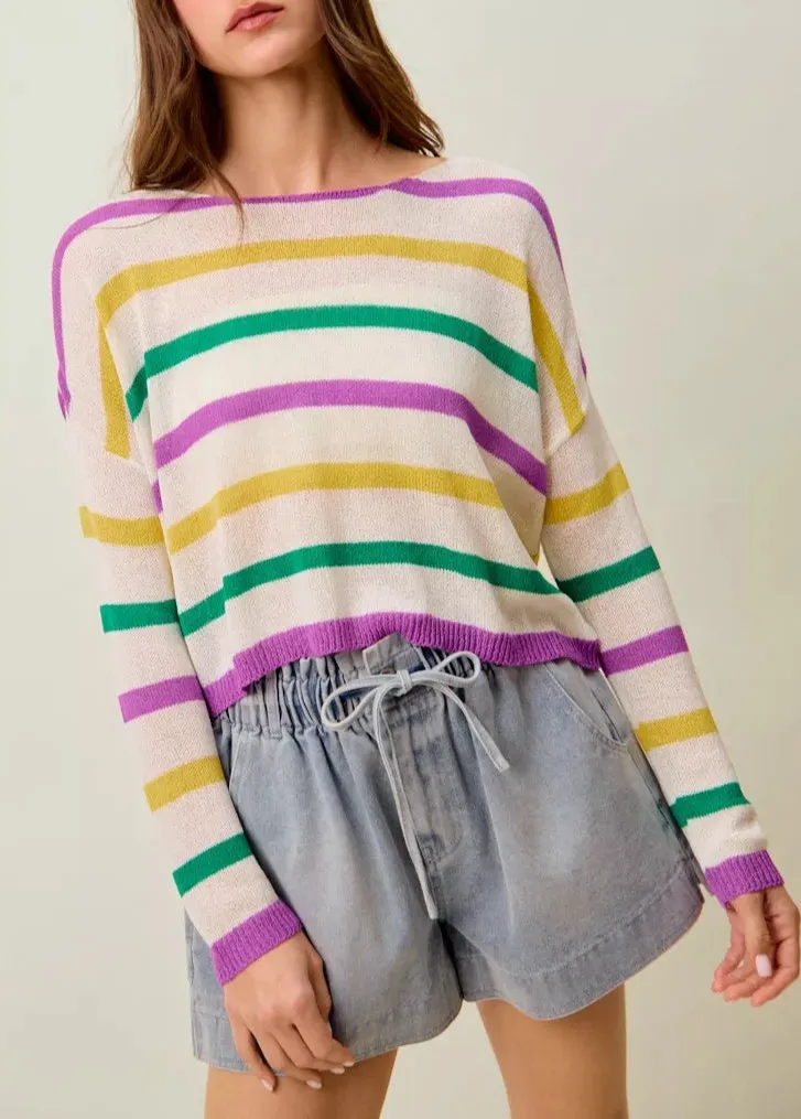 Mardi Gras Color Stripe Lightweight Sweater Top