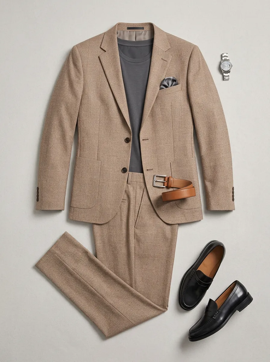 Notch-Lapel Two-Button Micro-Check Plaid Men's Two-Piece Suit Set