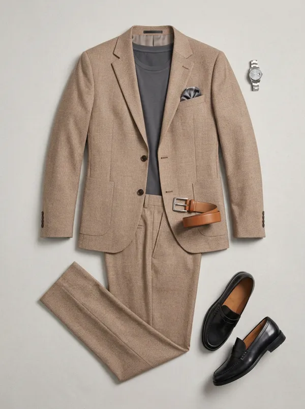 Notch-Lapel Two-Button Micro-Check Plaid Men's Two-Piece Suit Set
