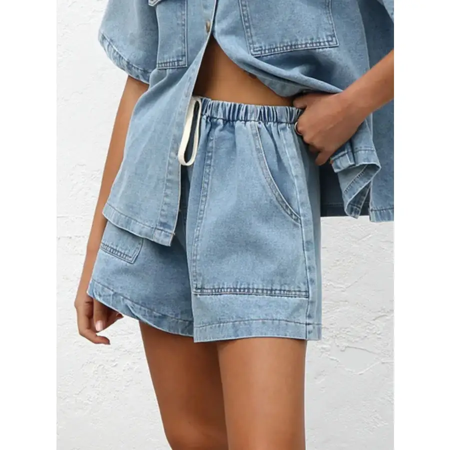 Drawstring Elastic Waist Pocketed Denim Shorts