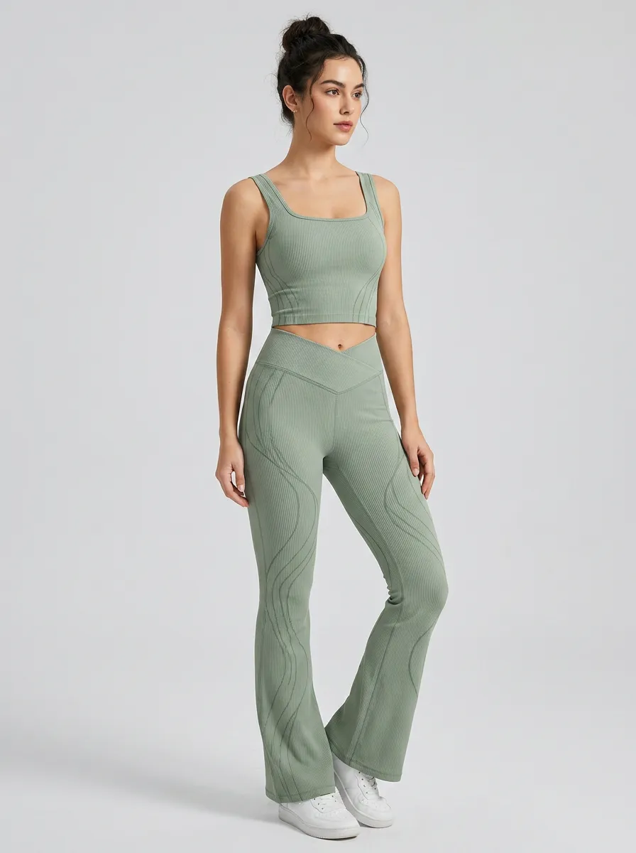 Women's Sage Green Ribbed Square Neck Crop Top and Flared Leggings Set
