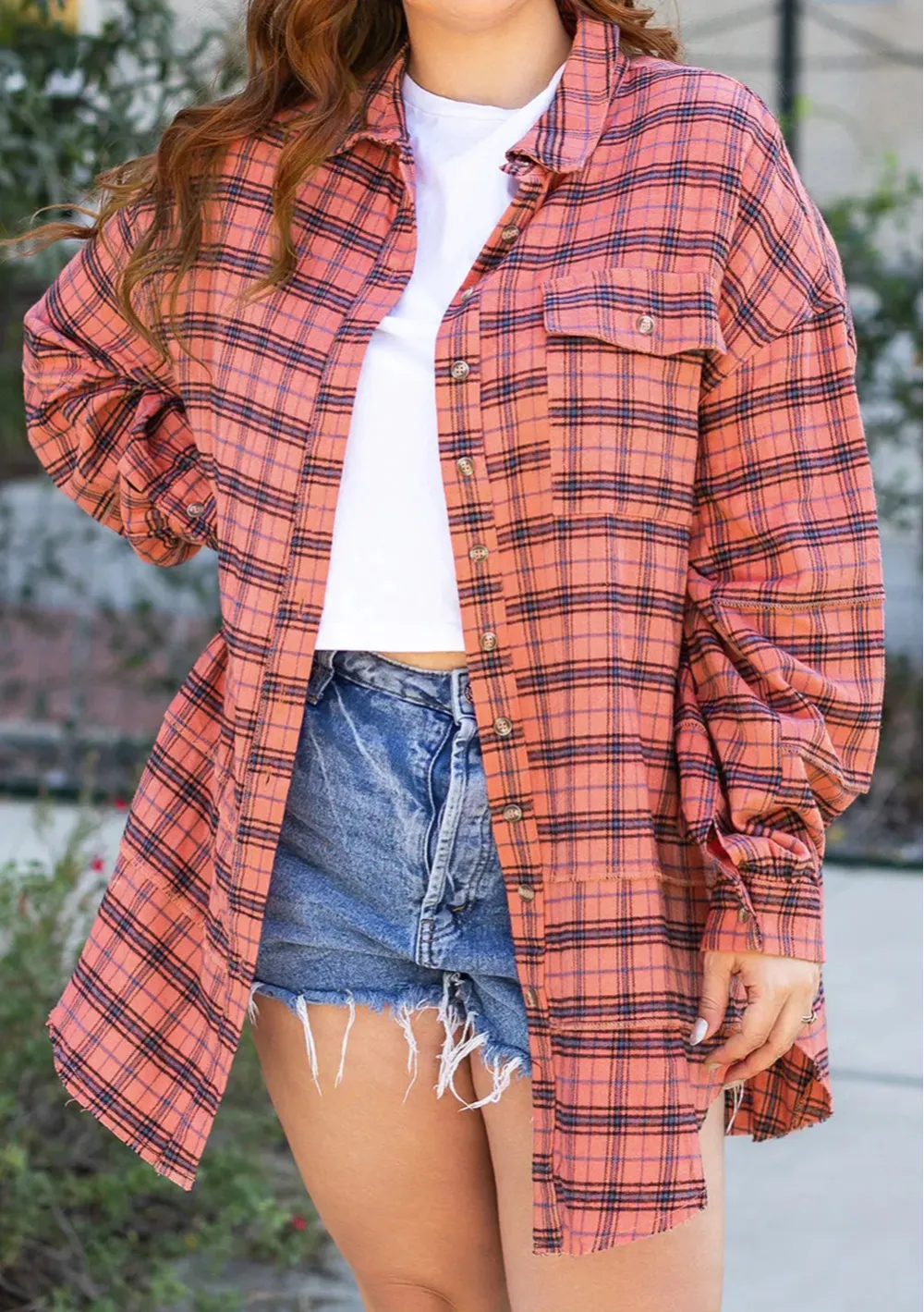 Everyday Plaid Western Inspired Split Neck Shirt Blouse