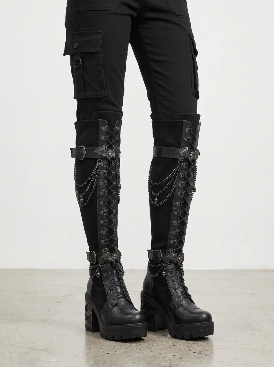 Modern Gothic Skull Bat Chain Victorian Look Women's Gothic Platform Knee High Boots