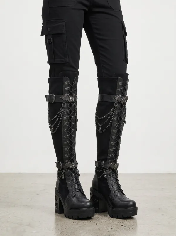 Modern Gothic Skull Bat Chain Victorian Look Women's Gothic Platform Knee High Boots