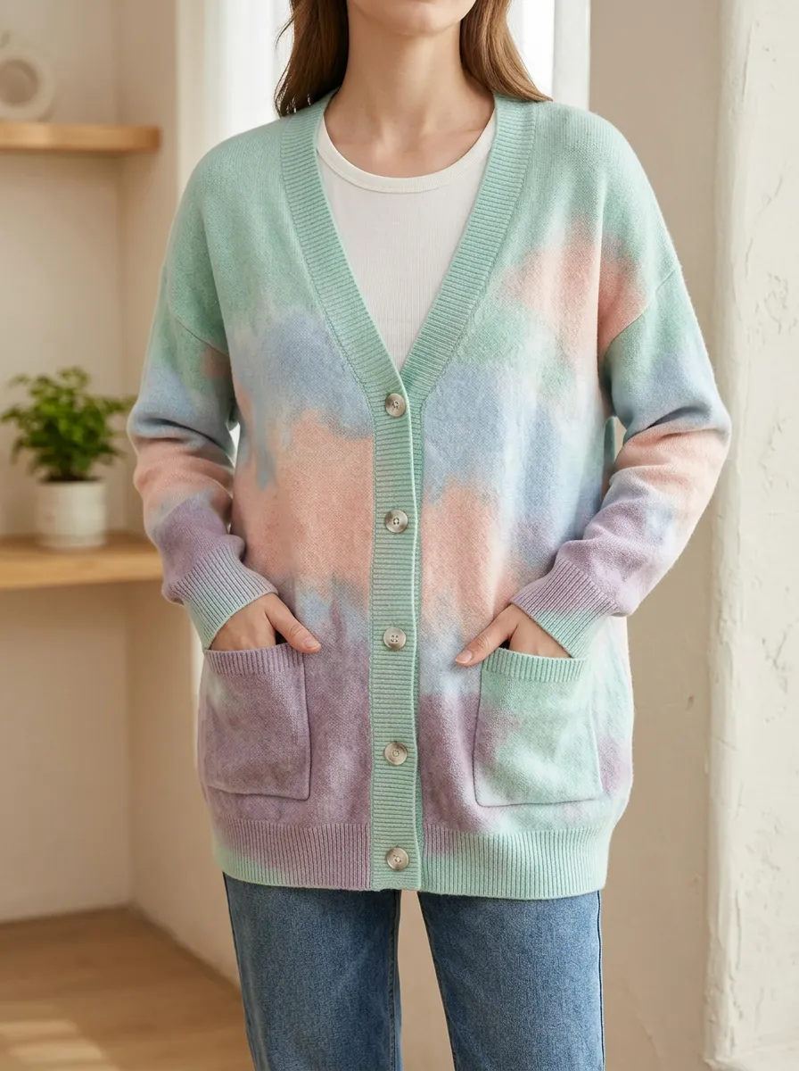 Women's Pastel Tie-Dye Pattern Printed Hip Length Modern Daywear Cardigan