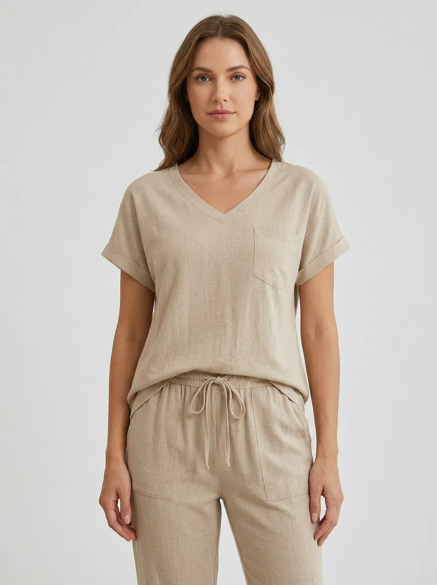 Cuffed-Sleeve Pocket Women's V-Neck Shirt