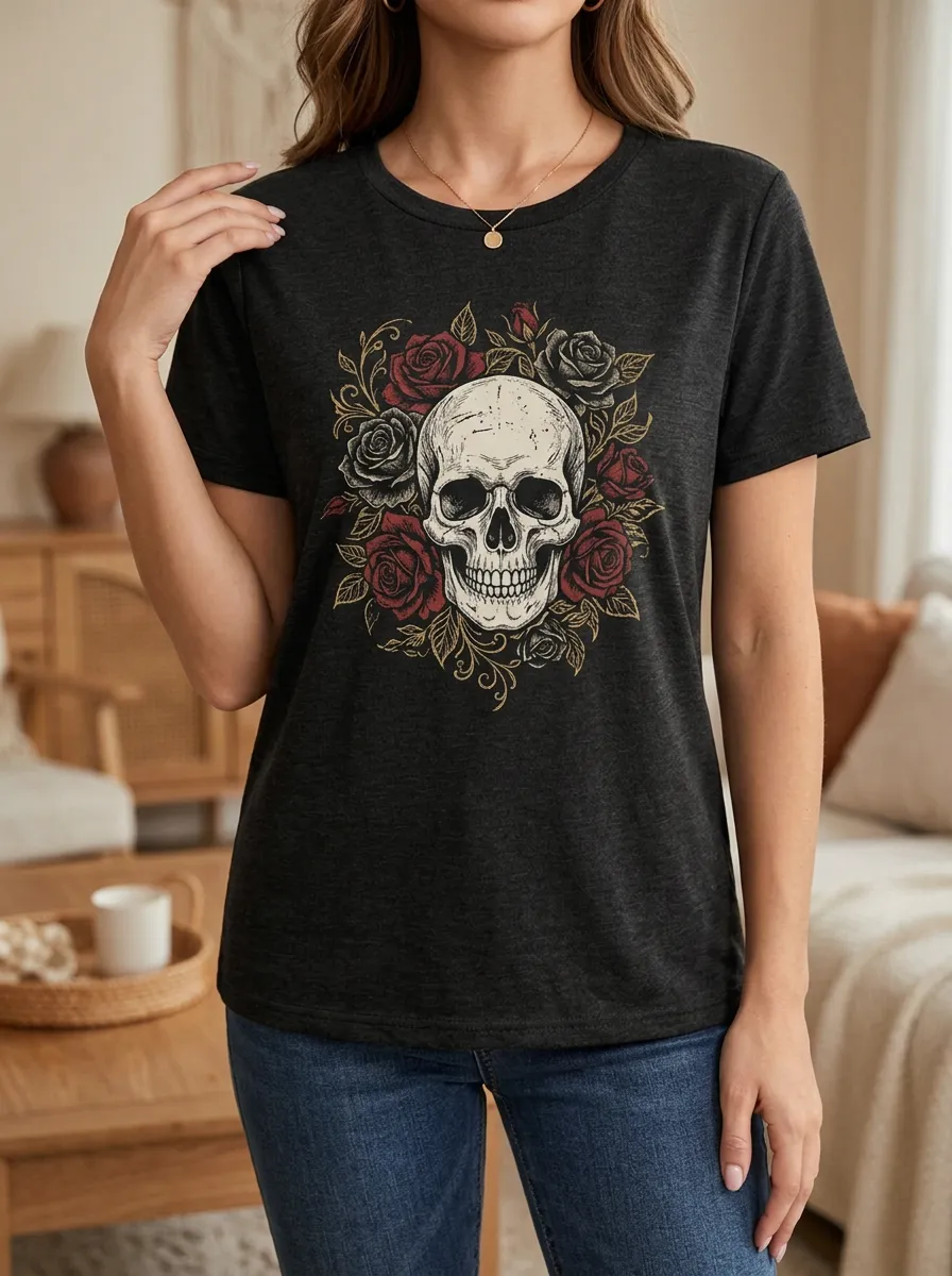 Women's Halloween Gothic Skull Rose Chest Graphic T-Shirt