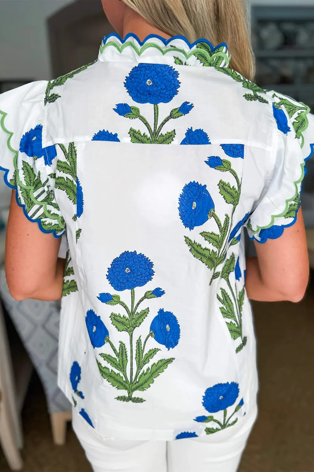 Blue Wild Flower Print Contrast Blouse
