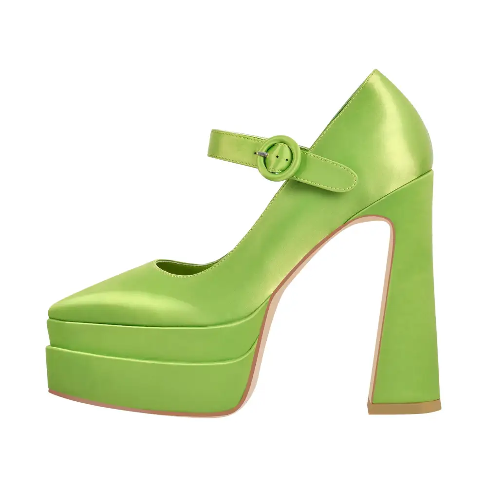 Satin Finish Pointed Toe Platform Chunky Heel Pumps