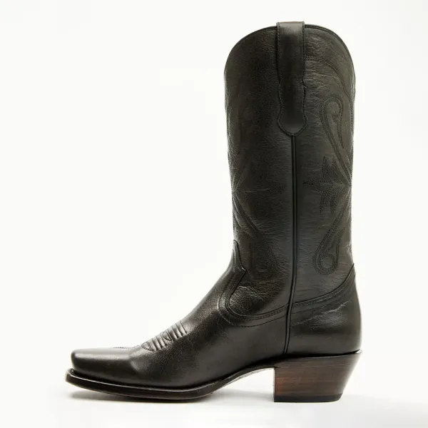 Classic Faux-Leather Embroidered Square-Toe Chunky-Heel Mid-Calf Boots