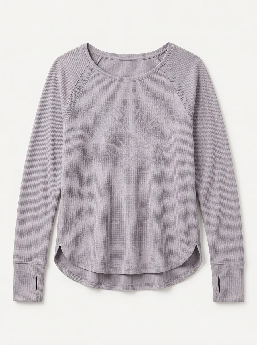 Women's Athletic Waffle Knit Tropical Leaf Printed Long Sleeve Top