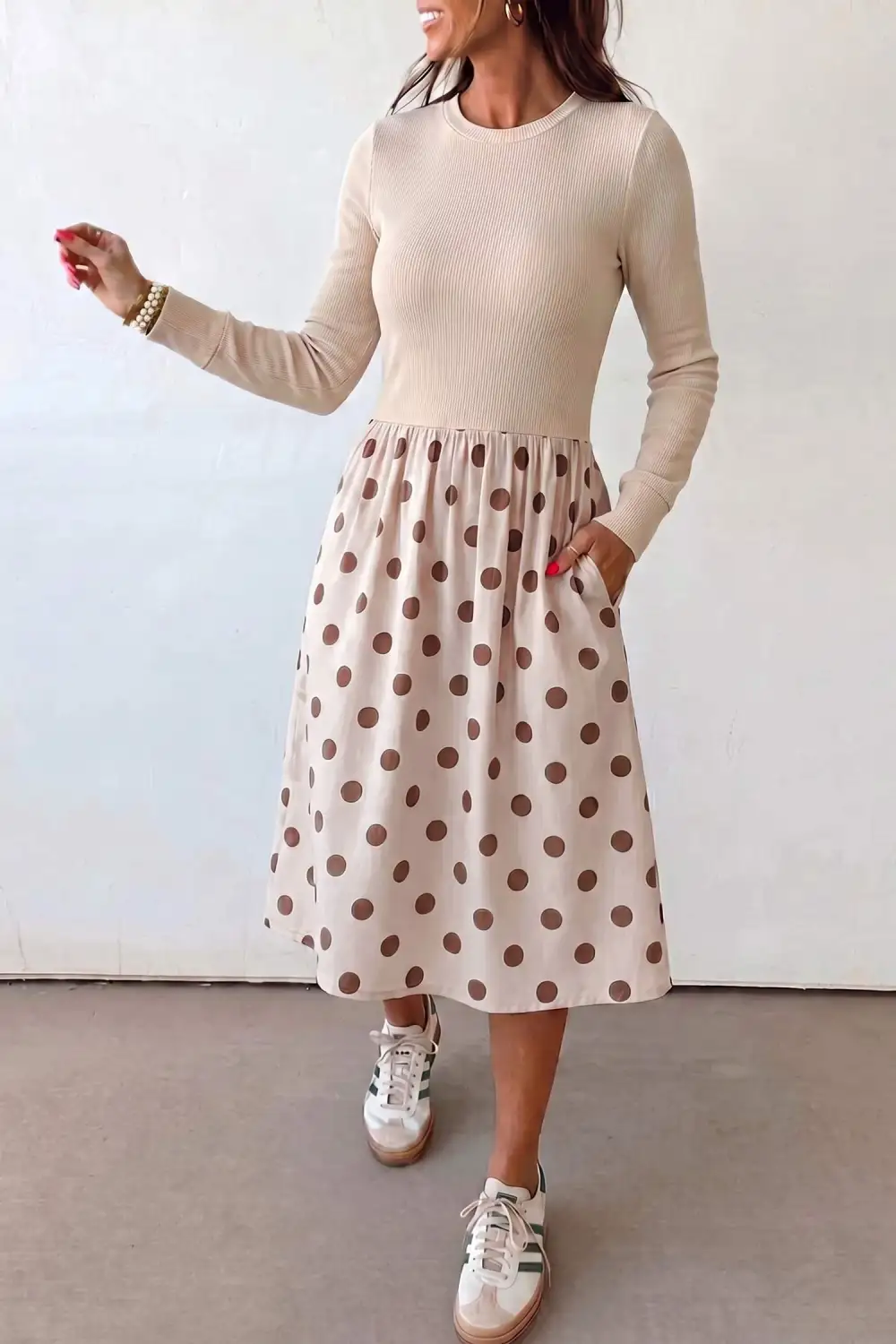 Women's Polka Dot Long Sleeve Midi Dress