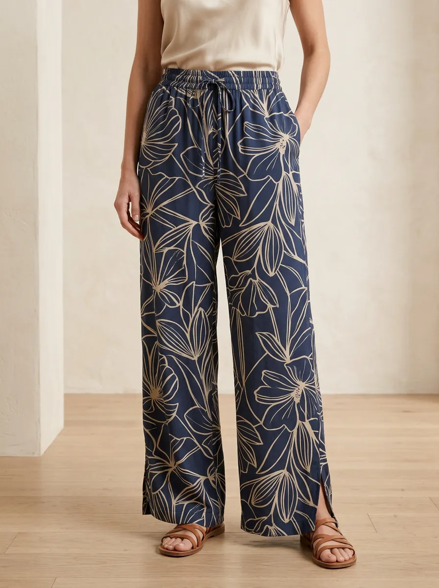 Women's Botanical Floral Expressive Pattern Printed Wide Leg Pants