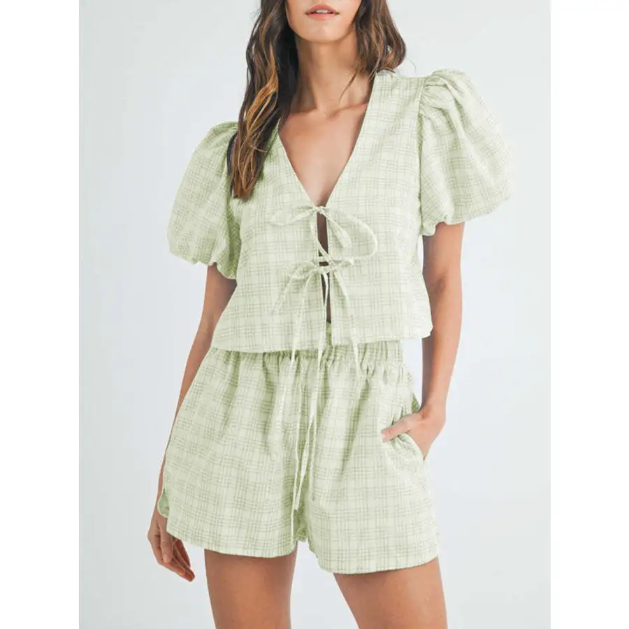 V Neck Puff Sleeve Top and Shorts Set
