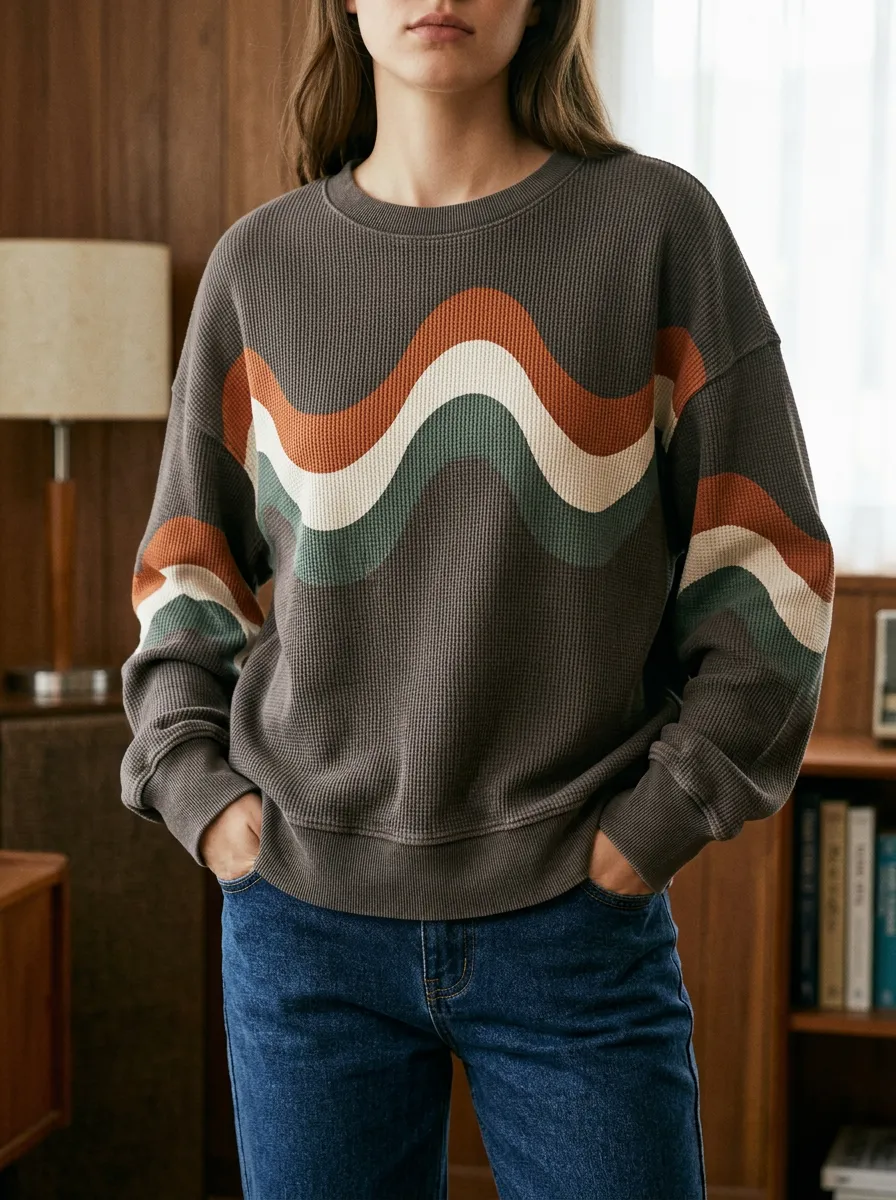 Women's Retro Wavy Stripe Graphic Waffle Knit Crewneck Sweatshirt
