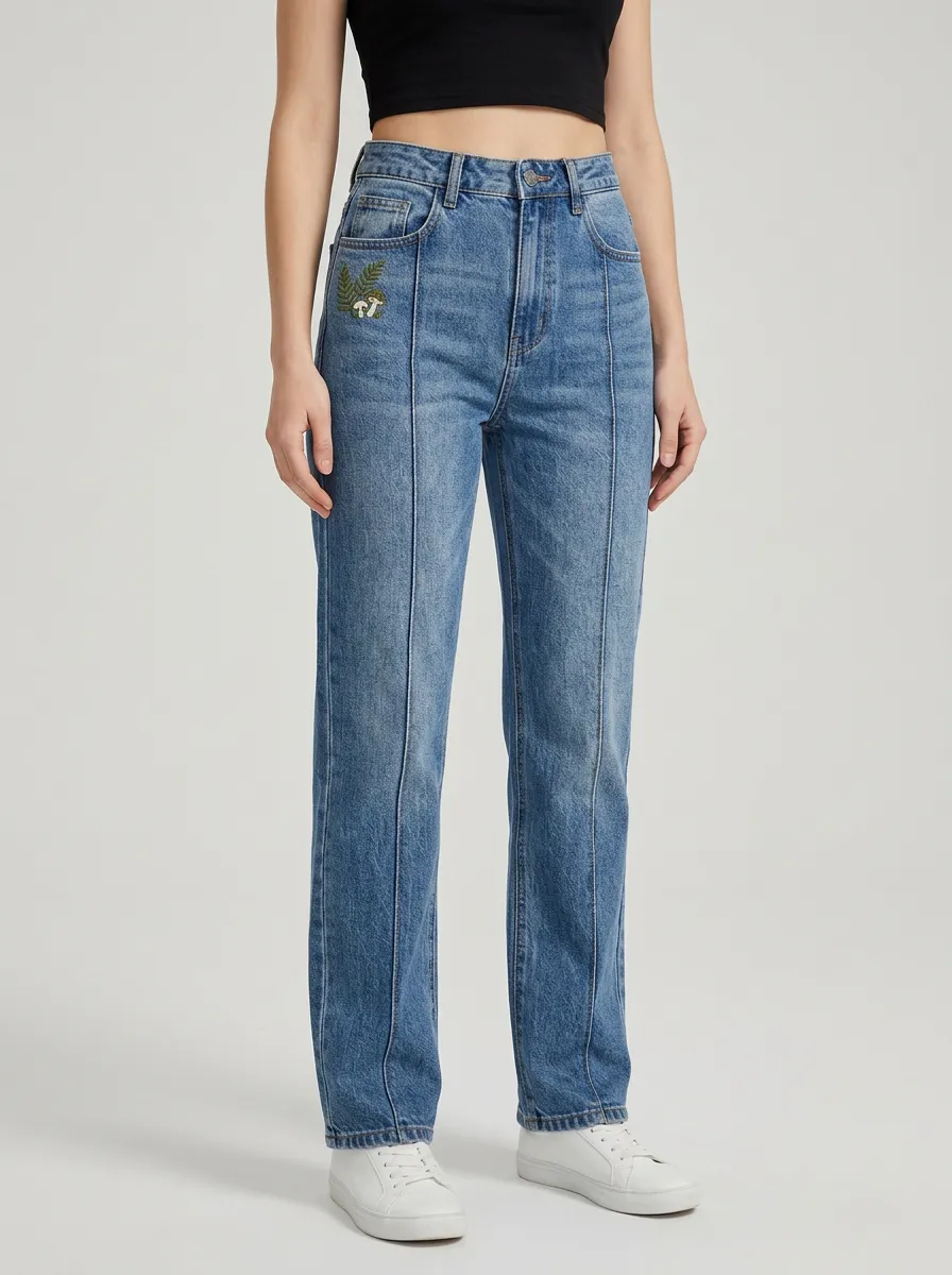 Women's Mushroom Fern Embroidered Front-Seam High-Rise Straight-Leg Jeans