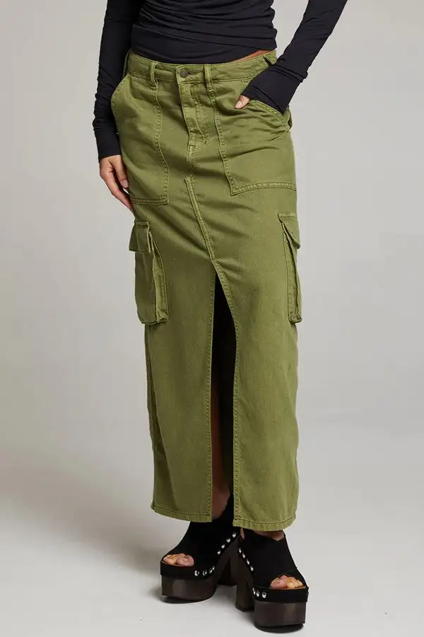 Olive Green Cargo Pocket Maxi Skirt