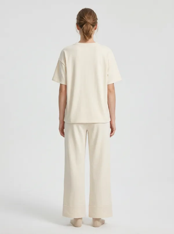 Women's Cream Wildflower Embroidered Tee & Wide-Leg Pants Set