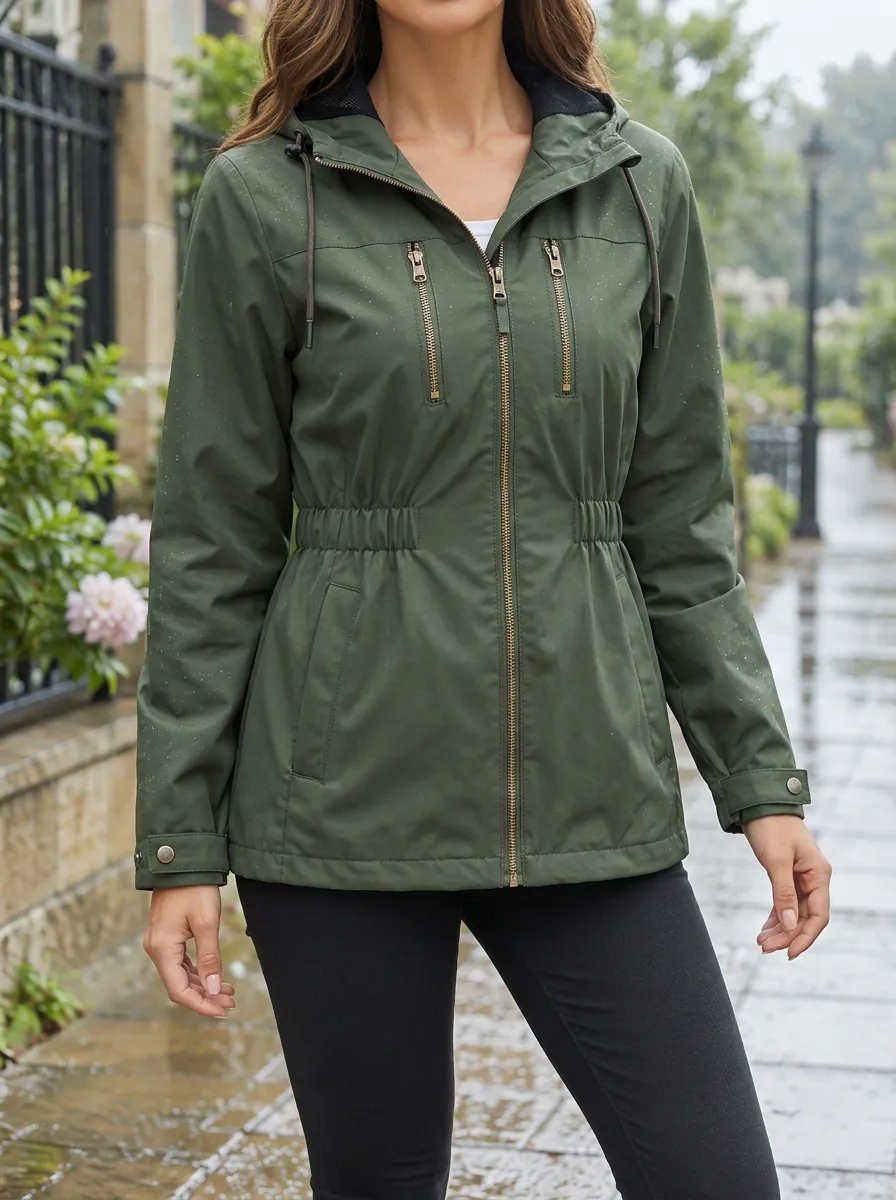Women's Olive Green Hooded Waterproof Rain Jacket with a Hood and Adjustable Cuffs