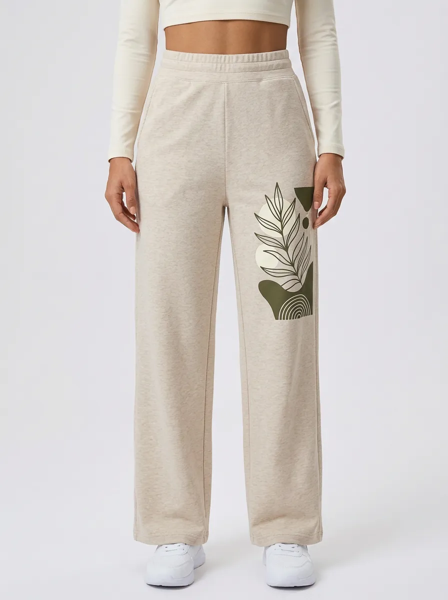 Women's Beige Geometric Print Wide-Leg Sweatpants