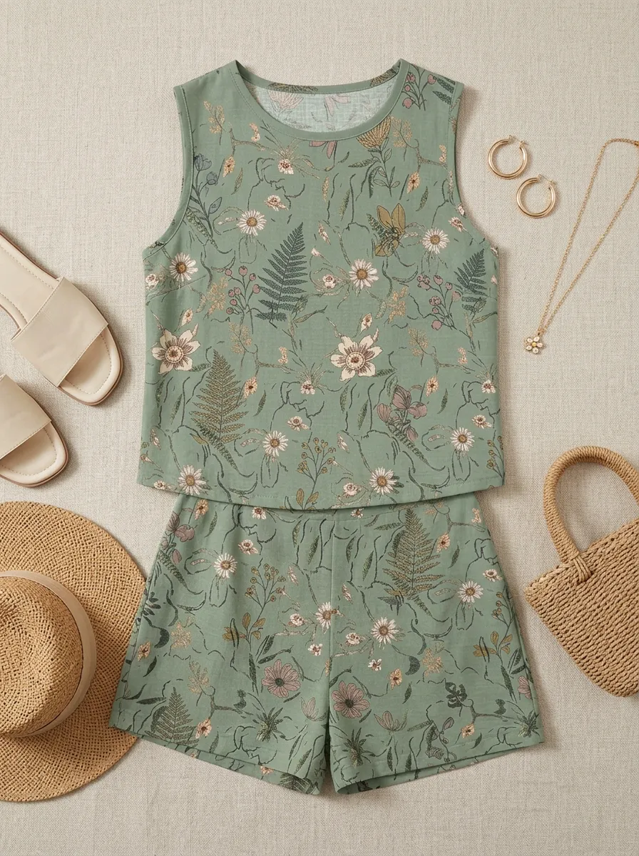 Women's Botanical Garden Floral Fern Printed Sleeveless Set