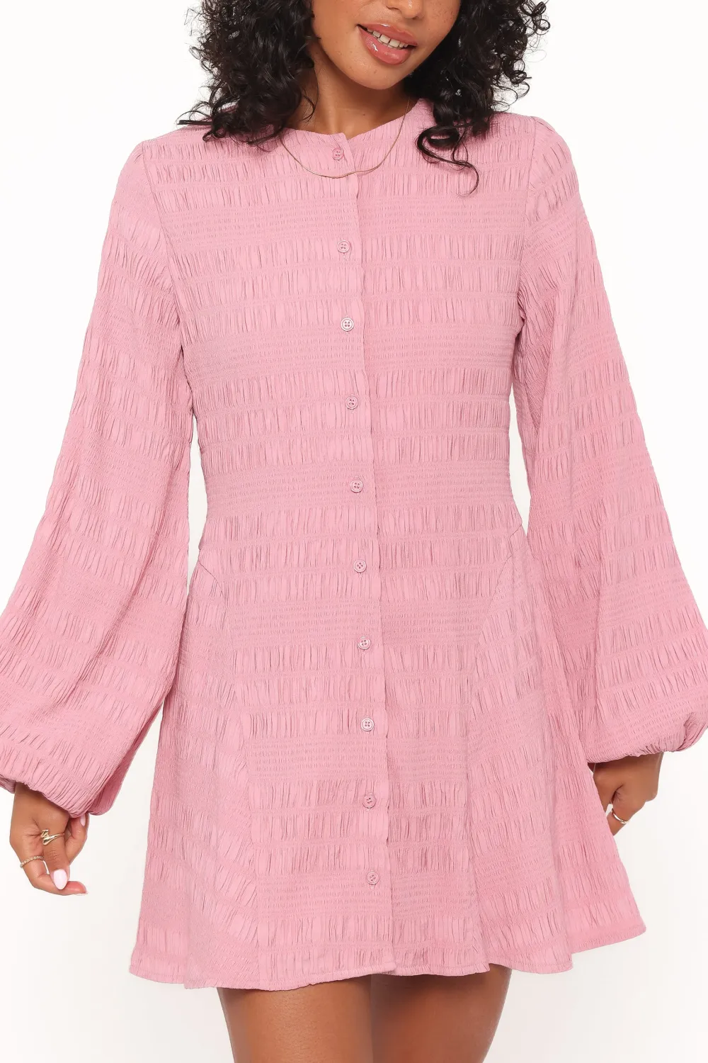 Shirred Round Neck Mini Dress